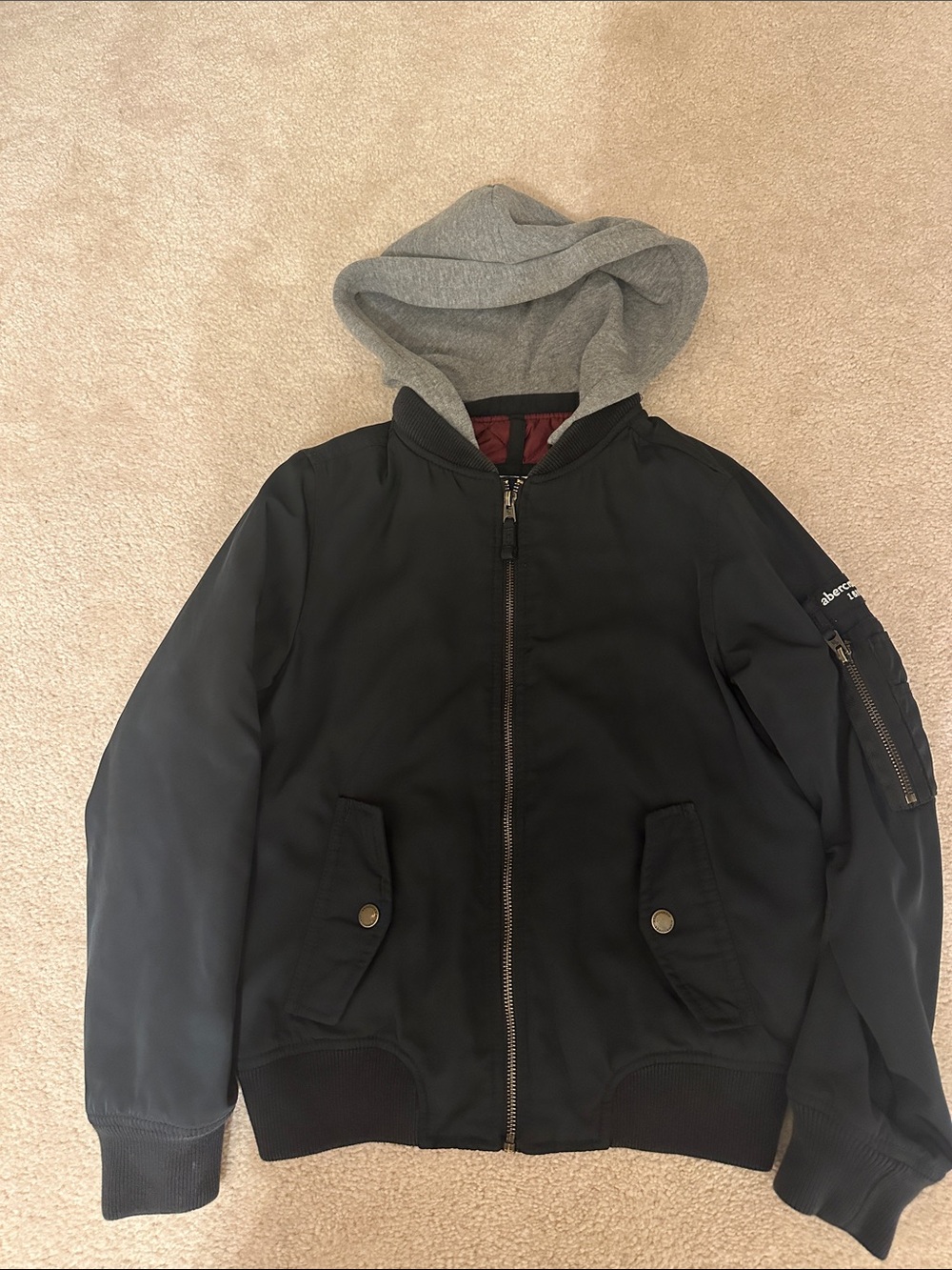 Kids Abercrombie Black Bomber Jacket with Gray Hood
